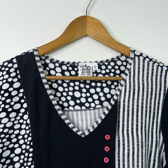 Parsley & Sage Boho Patchwork Top L Black White Polka Dot Stripe Artsy Button - Picture 2 of 11